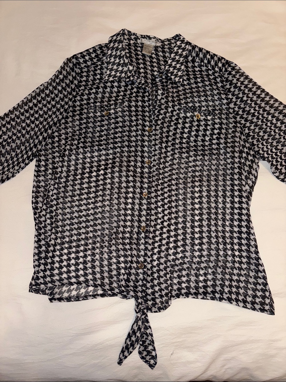 Alberto Makali Black & White Houndstooth Tie-Front Button-Down Top